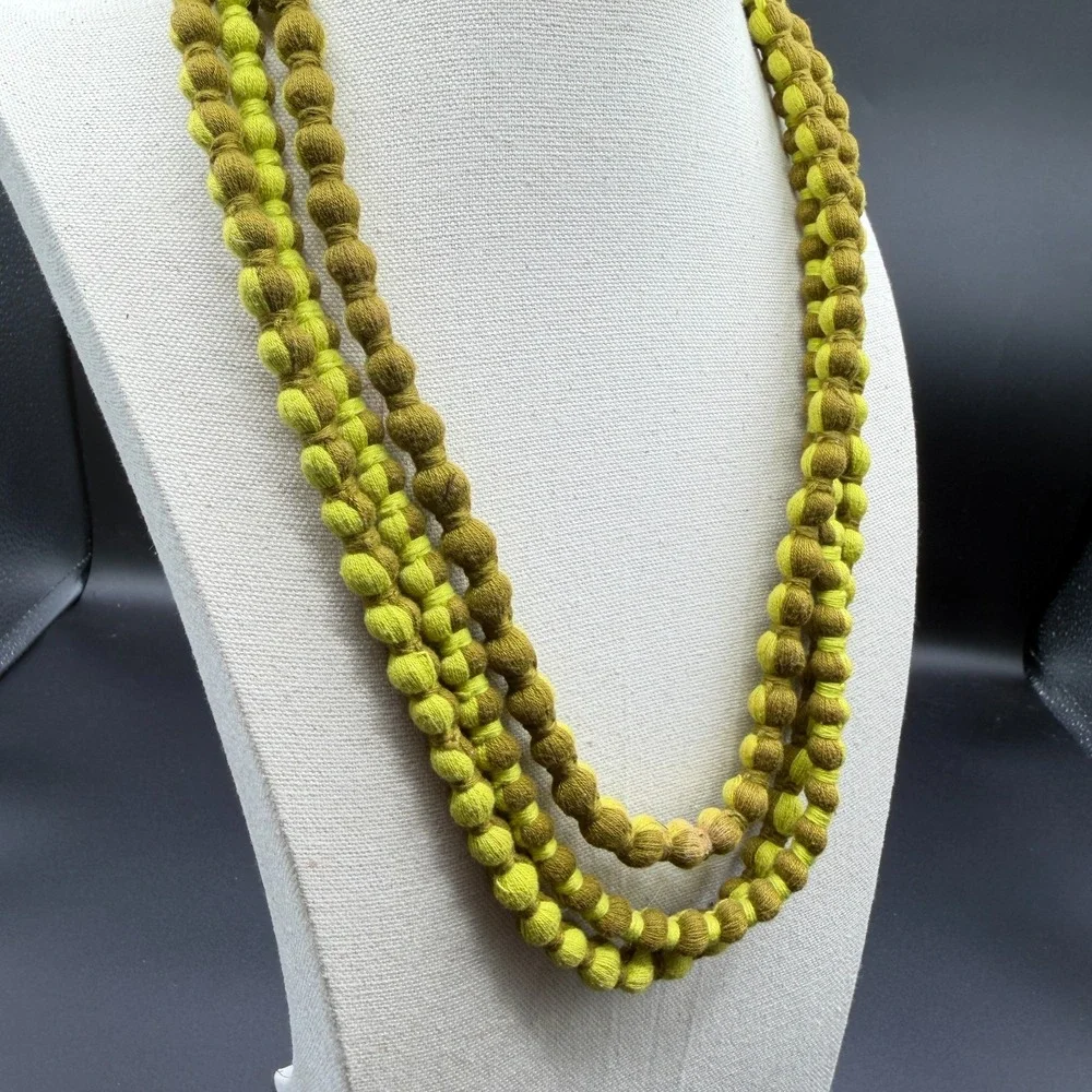 Green Ombre Tone Fabric Bead Necklace Multi Strand Knotted Statement Jewelry